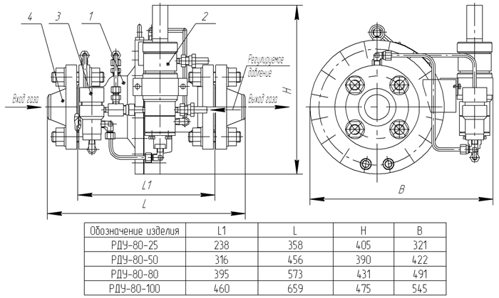 Общий вид и габаритные размеры регуляторов РДУ-80